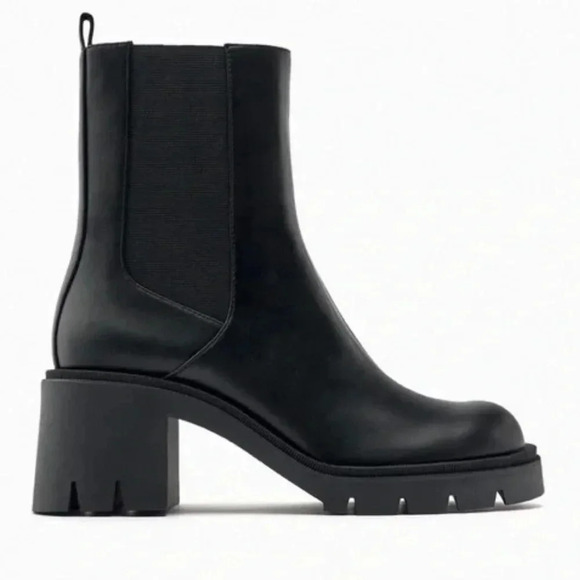 Zara Block Heel Platform Ankle Chelsea Boot Lug Sole Black Size 39 US 8 NWT - Picture 1 of 16